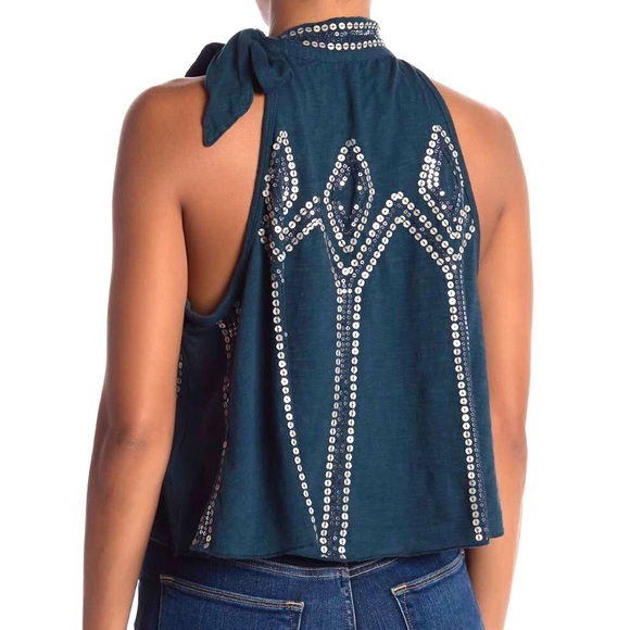 SOLD ♥️ Free People Glitter Sequin City High Neck Bow Tie Tank Blouse Turquoise - Picture 2 of 8
